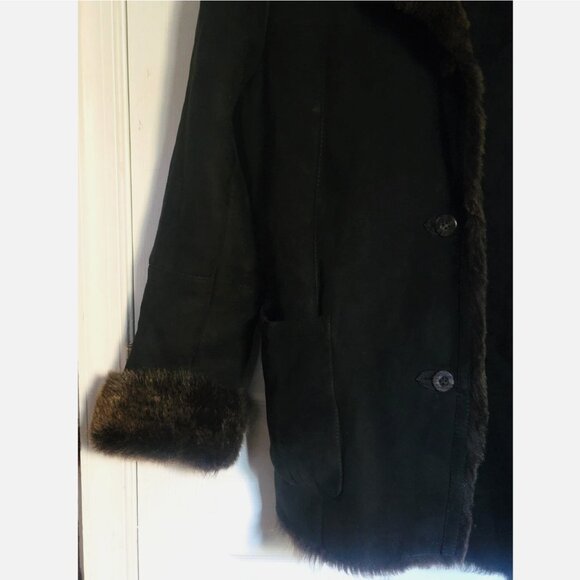 Shearling Sheepskin Wool Fur Coat Jacket Black Women L 40 Overcoat Pea Coat - Picture 9 of 15
